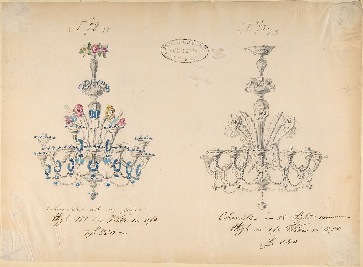 One of Twenty-Three Sheets of Drawings of Glassware (Mirrors, Chandeliers, Goblets, etc.), Compagnia di Venezia e Murano (Italian 1872–1909), Tissue, with pencil, pen and ink, and watercolor 