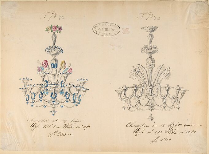 One of Twenty-Three Sheets of Drawings of Glassware (Mirrors, Chandeliers, Goblets, etc.)