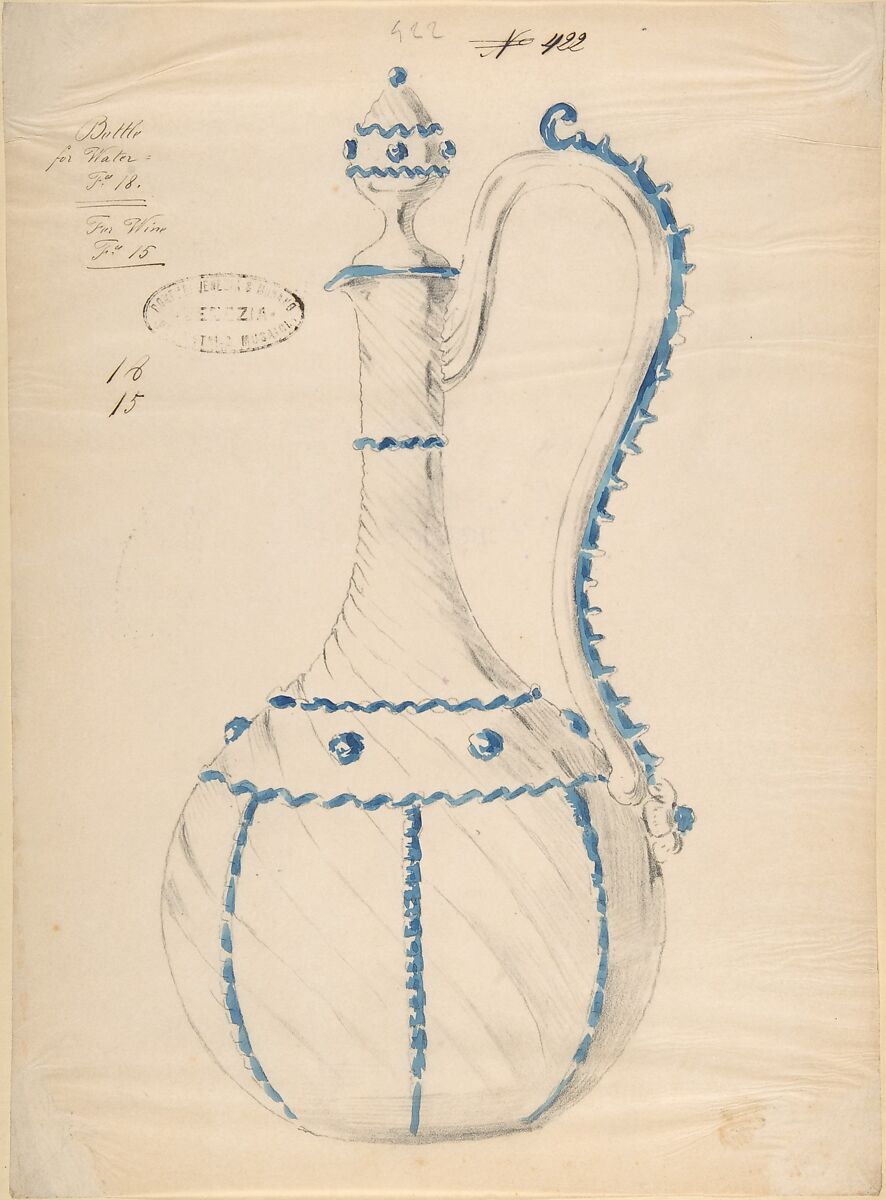 One of Twenty-Three Sheets of Drawings of Glassware (Mirrors, Chandeliers, Goblets, etc.), Compagnia di Venezia e Murano (Italian 1872–1909), Tissue, with pencil, pen and ink, and watercolor 