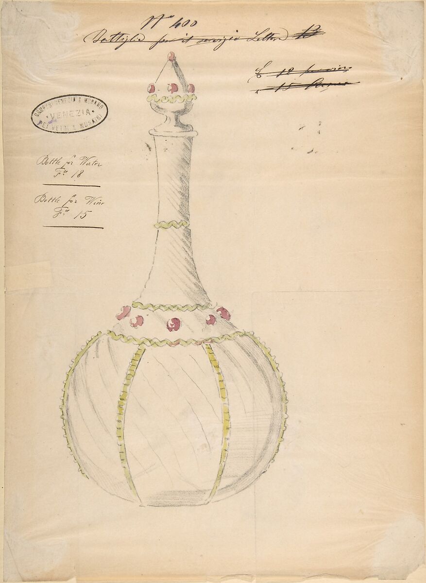 One of Twenty-Three Sheets of Drawings of Glassware (Mirrors, Chandeliers, Goblets, etc.), Compagnia di Venezia e Murano (Italian 1872–1909), Tissue, with pencil, pen and ink, and watercolor 