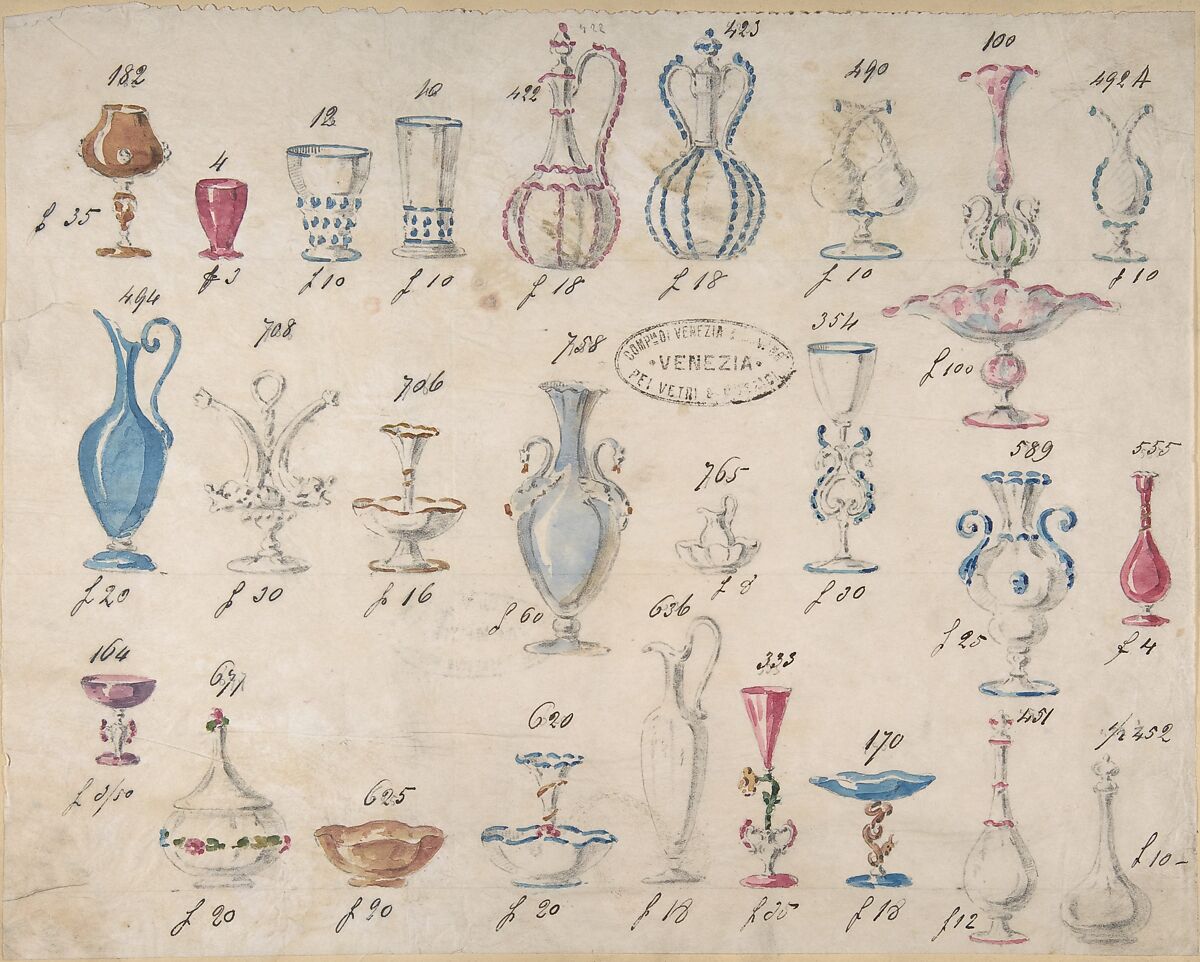 One of Twenty-Three Sheets of Drawings of Glassware (Mirrors, Chandeliers, Goblets, etc.), Compagnia di Venezia e Murano (Italian 1872–1909), Tissue, with pencil, pen and ink, and watercolor 