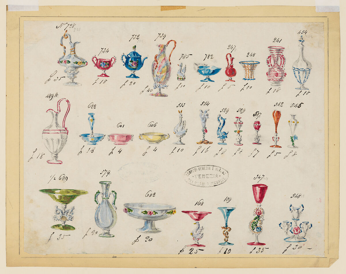Specimens of White and Colored Glassware, Compagnia di Venezia e Murano (Italian 1872–1909), Watercolor, pen and black ink, and graphite 