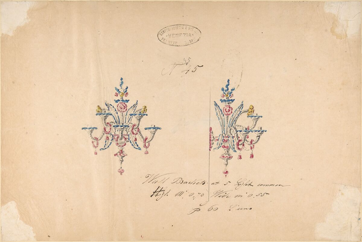 One of Twenty-Three Sheets of Drawings of Glassware (Mirrors, Chandeliers, Goblets, etc.), Compagnia di Venezia e Murano (Italian 1872–1909), Tissue, with pencil, pen and ink, and watercolor 