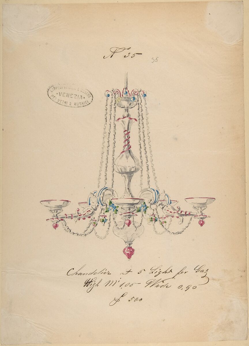 One of Twenty-Three Sheets of Drawings of Glassware (Mirrors, Chandeliers, Goblets, etc.), Compagnia di Venezia e Murano (Italian 1872–1909), Tissue, with pencil, pen and ink, and watercolor 