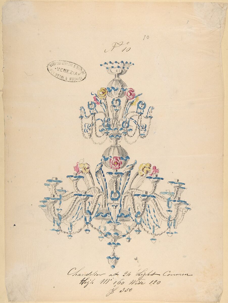 One of Twenty-Three Sheets of Drawings of Glassware (Mirrors, Chandeliers, Goblets, etc.), Compagnia di Venezia e Murano (Italian 1872–1909), Tissue, with pencil, pen and ink, and watercolor 