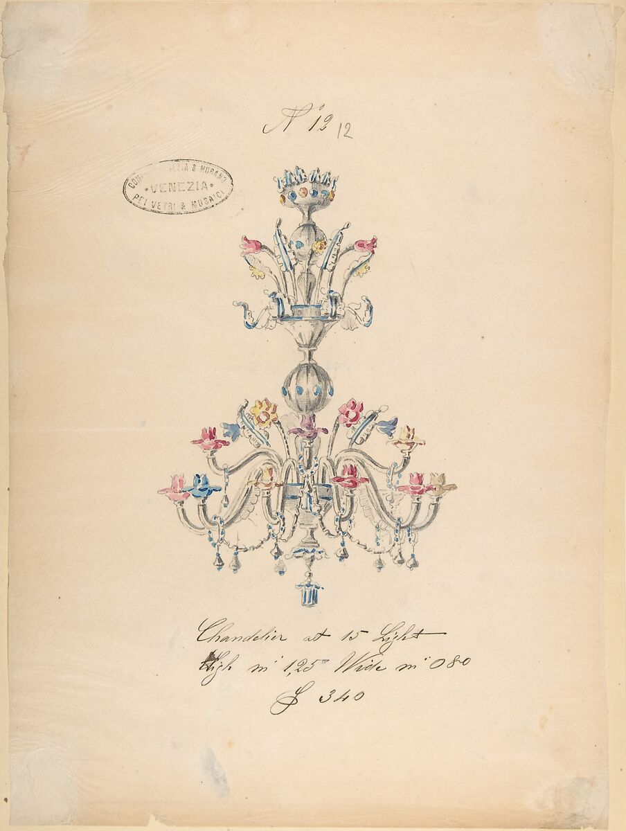 One of Twenty-Three Sheets of Drawings of Glassware (Mirrors, Chandeliers, Goblets, etc.), Compagnia di Venezia e Murano (Italian 1872–1909), Tissue, with pencil, pen and ink, and watercolor 