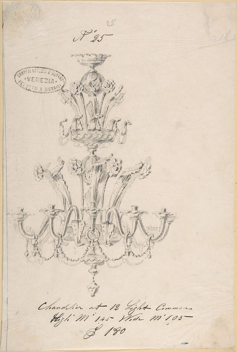 One of Twenty-Three Sheets of Drawings of Glassware (Mirrors, Chandeliers, Goblets, etc.), Compagnia di Venezia e Murano (Italian 1872–1909), Tissue, with pencil, pen and ink, and watercolor 