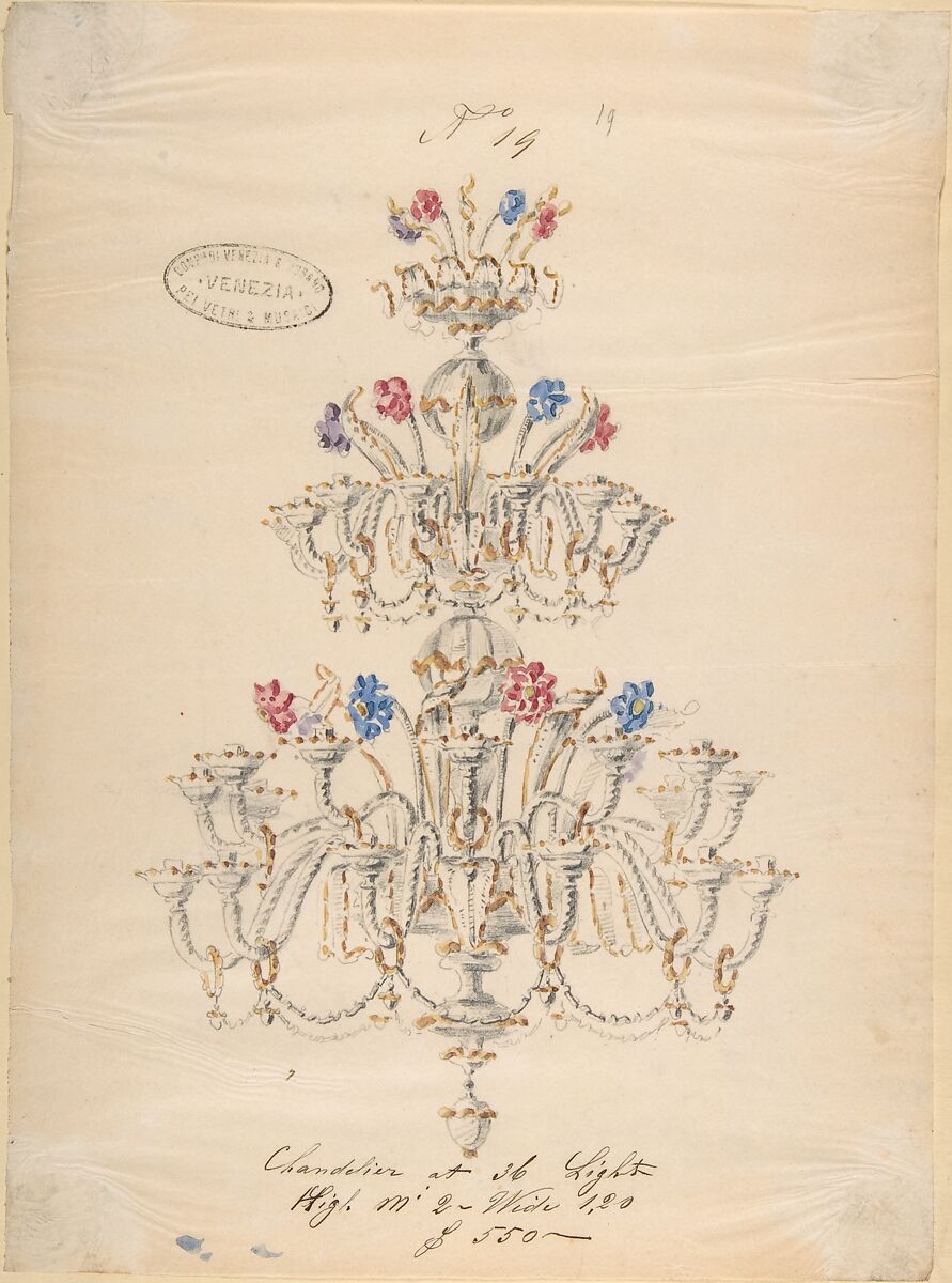 One of Twenty-Three Sheets of Drawings of Glassware (Mirrors, Chandeliers, Goblets, etc.), Compagnia di Venezia e Murano (Italian 1872–1909), Tissue, with pencil, pen and ink, and watercolor 