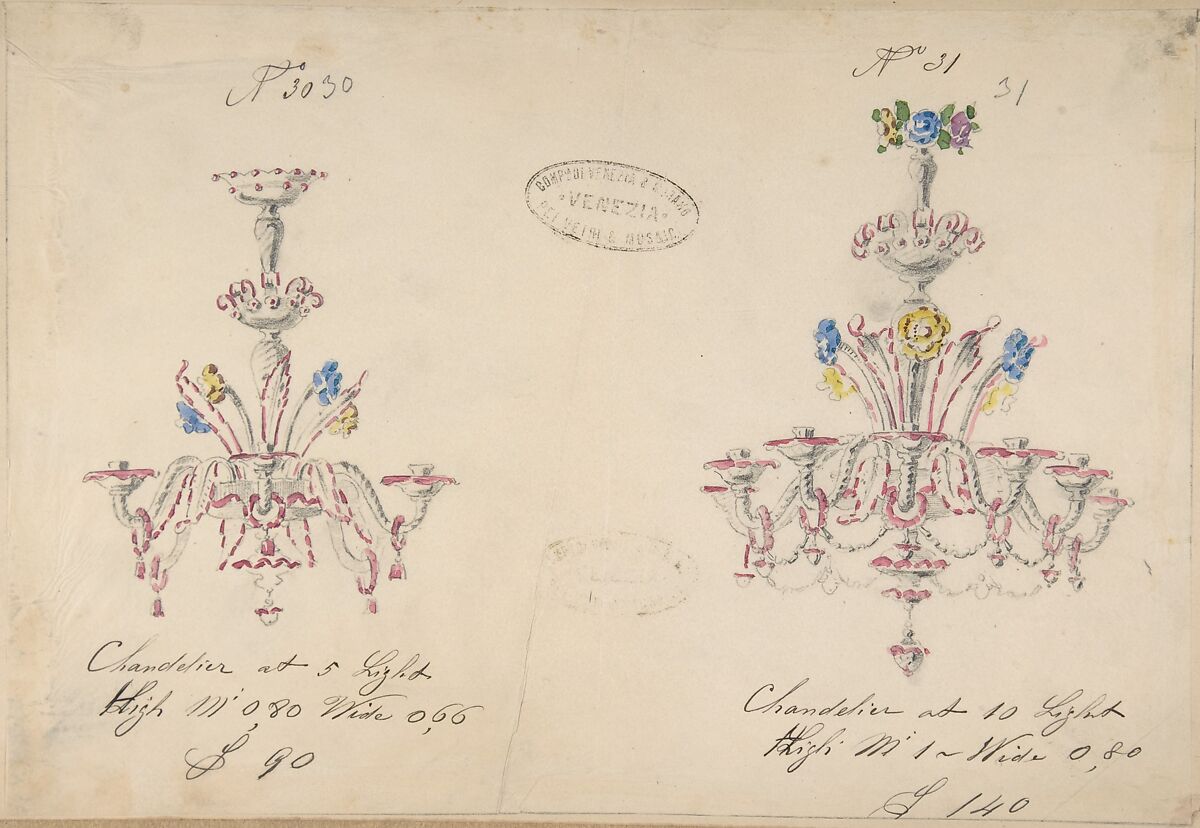 One of Twenty-Three Sheets of Drawings of Glassware (Mirrors, Chandeliers, Goblets, etc.), Compagnia di Venezia e Murano (Italian 1872–1909), Tissue, with pencil, pen and ink, and watercolor 