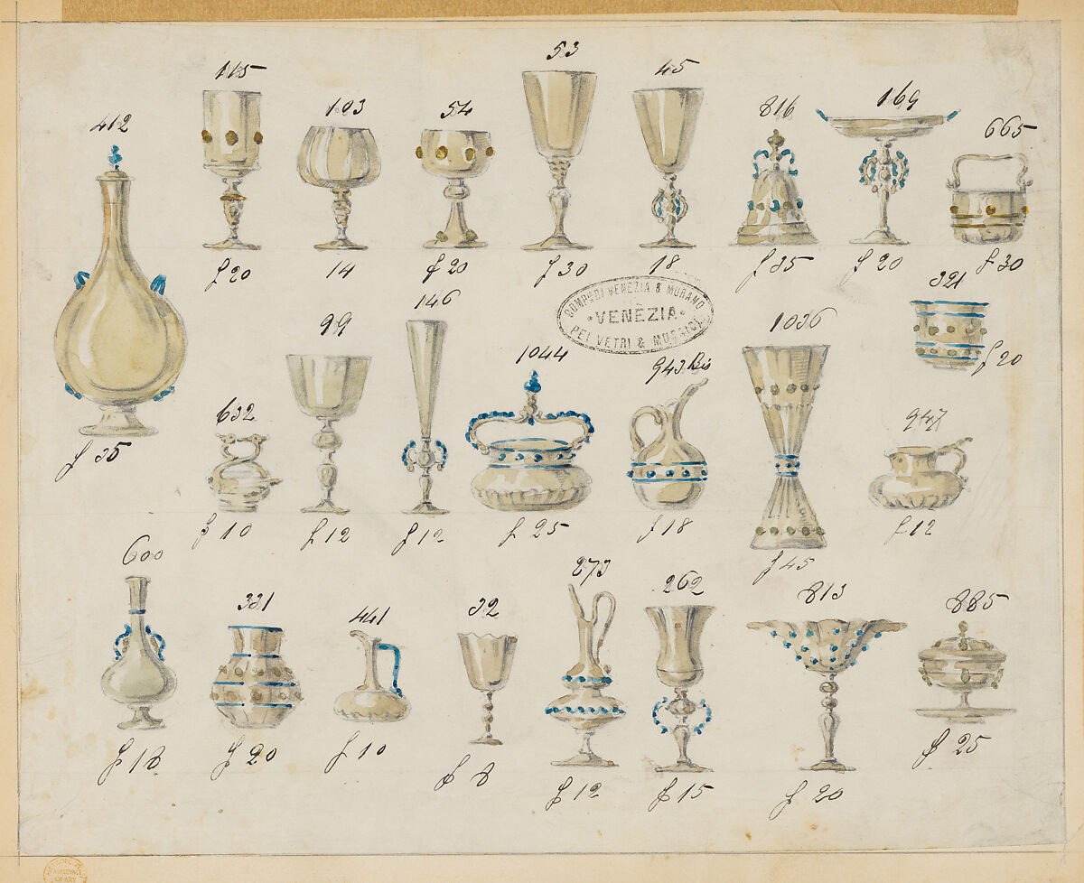Specimens of Tinted Glassware with Decorations in Gold and Blue, Compagnia di Venezia e Murano (Italian 1872–1909), Pencil, pen and ink, and watercolor on tissue paper 