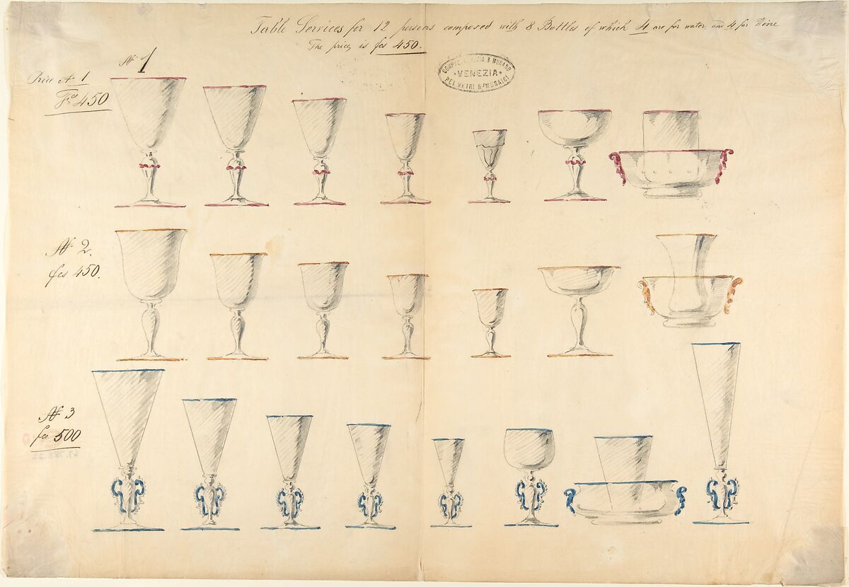 One of Twenty-Three Sheets of Drawings of Glassware (Mirrors, Chandeliers, Goblets, etc.), Compagnia di Venezia e Murano (Italian 1872–1909), Tissue, with pencil, pen and ink, and watercolor 