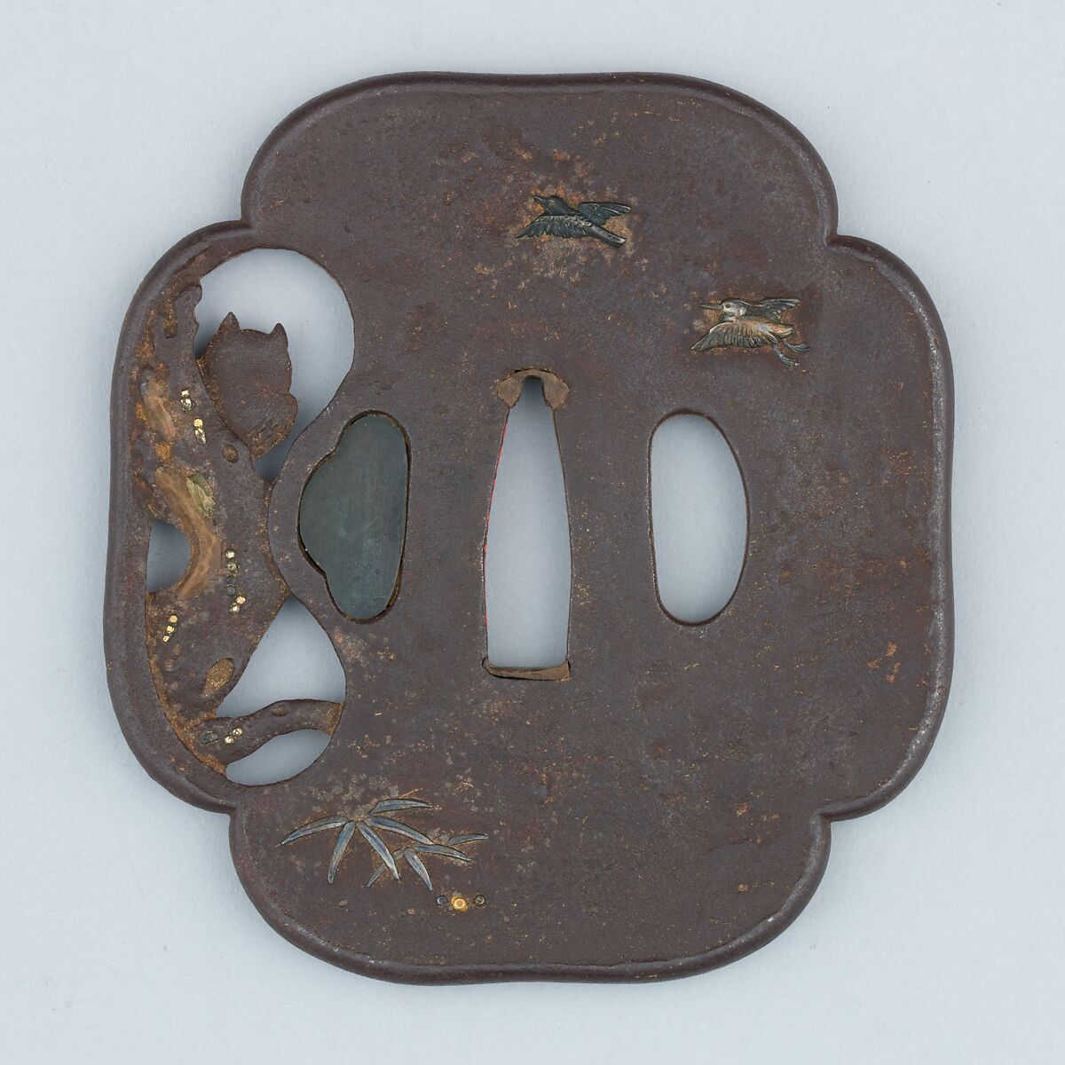 Sword Guard (Tsuba), Iron, copper-gold alloy (shakudō), copper-silver alloy (shibuichi), silver, copper, gold, Japanese