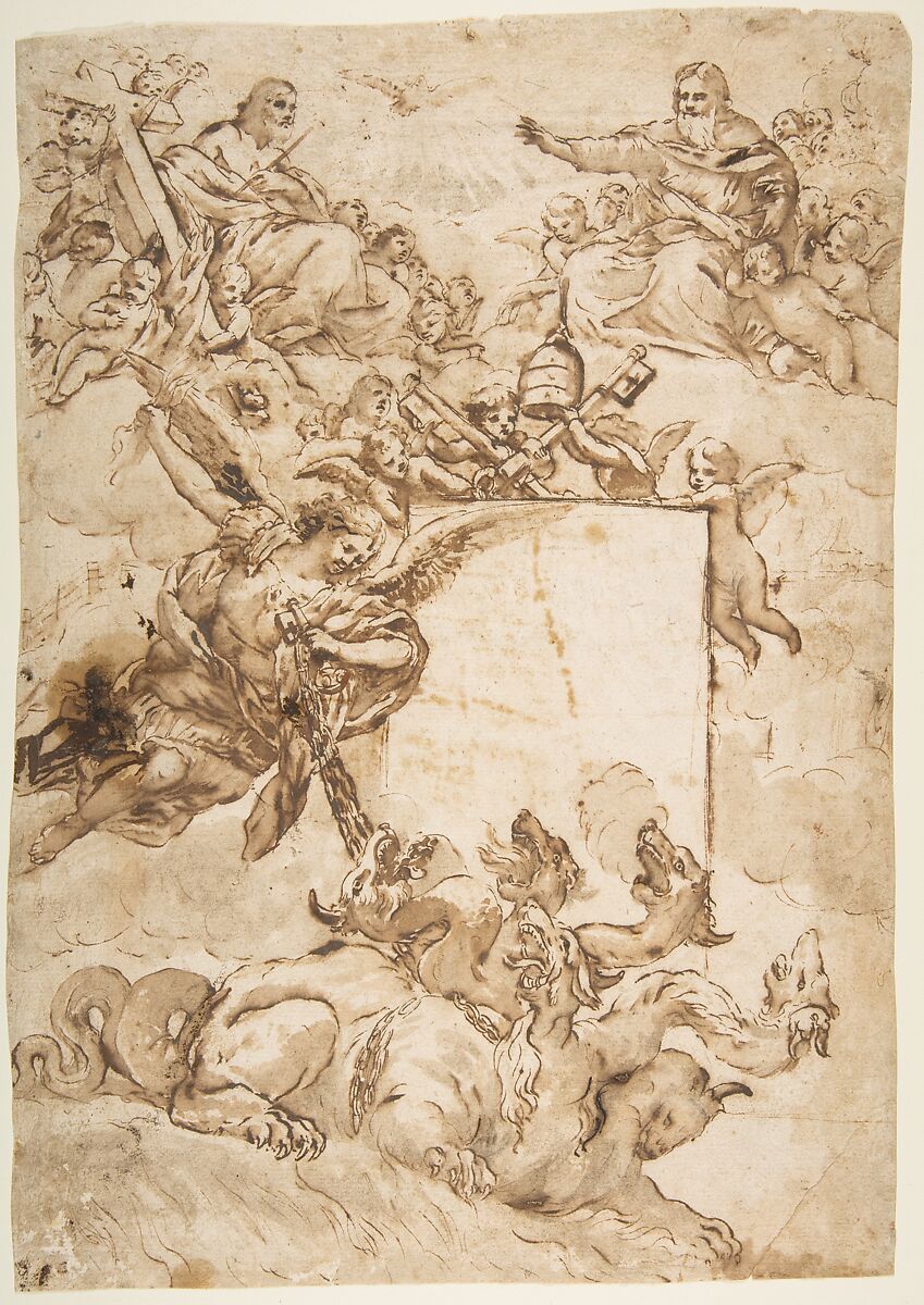 St. Michael Expurging Heresy, Attributed to Pietro da Cortona (Pietro Berrettini) (Italian, Cortona 1596–1669 Rome), Pen and brown ink, brush and brown wash over traces of black chalk 