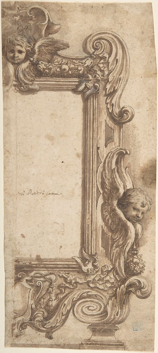 Design for a Half Frame Decorated with Angels, Volutes and Garlands, attributed to Ciro Ferri (Italian, Rome 1634?–1689 Rome) (?), Pen and brown ink, brush and brown wash over traces of graphite highlighted with white gouache on the upper side of the frame 