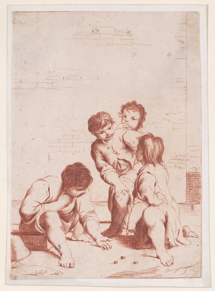 Four children playing with dice, Anonymous, Red chalk 