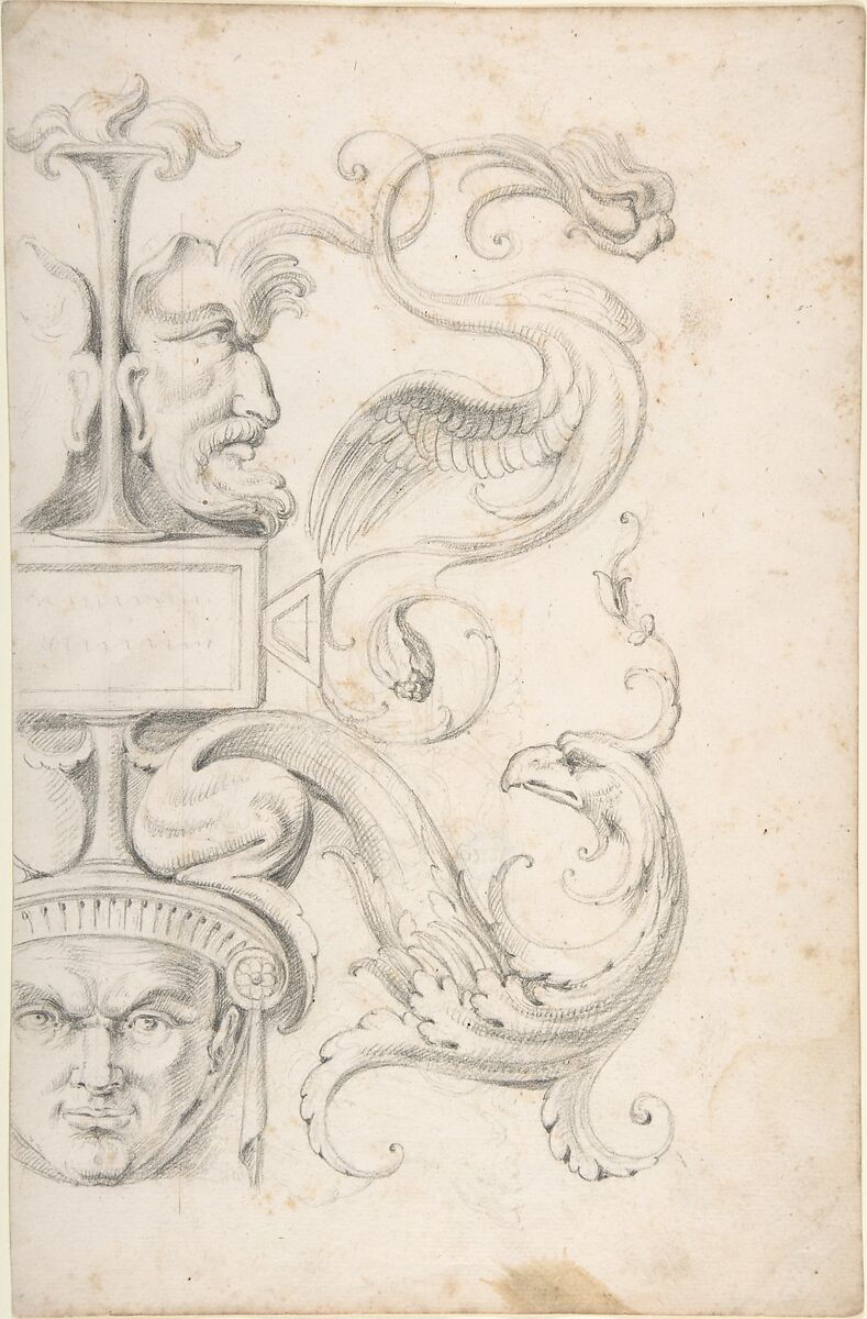 Drawing of a Grotesque after a 16th-century Decorative Relief, Filippo Cretoni (Italian, late 18th–early 19th century), Black chalk or graphite