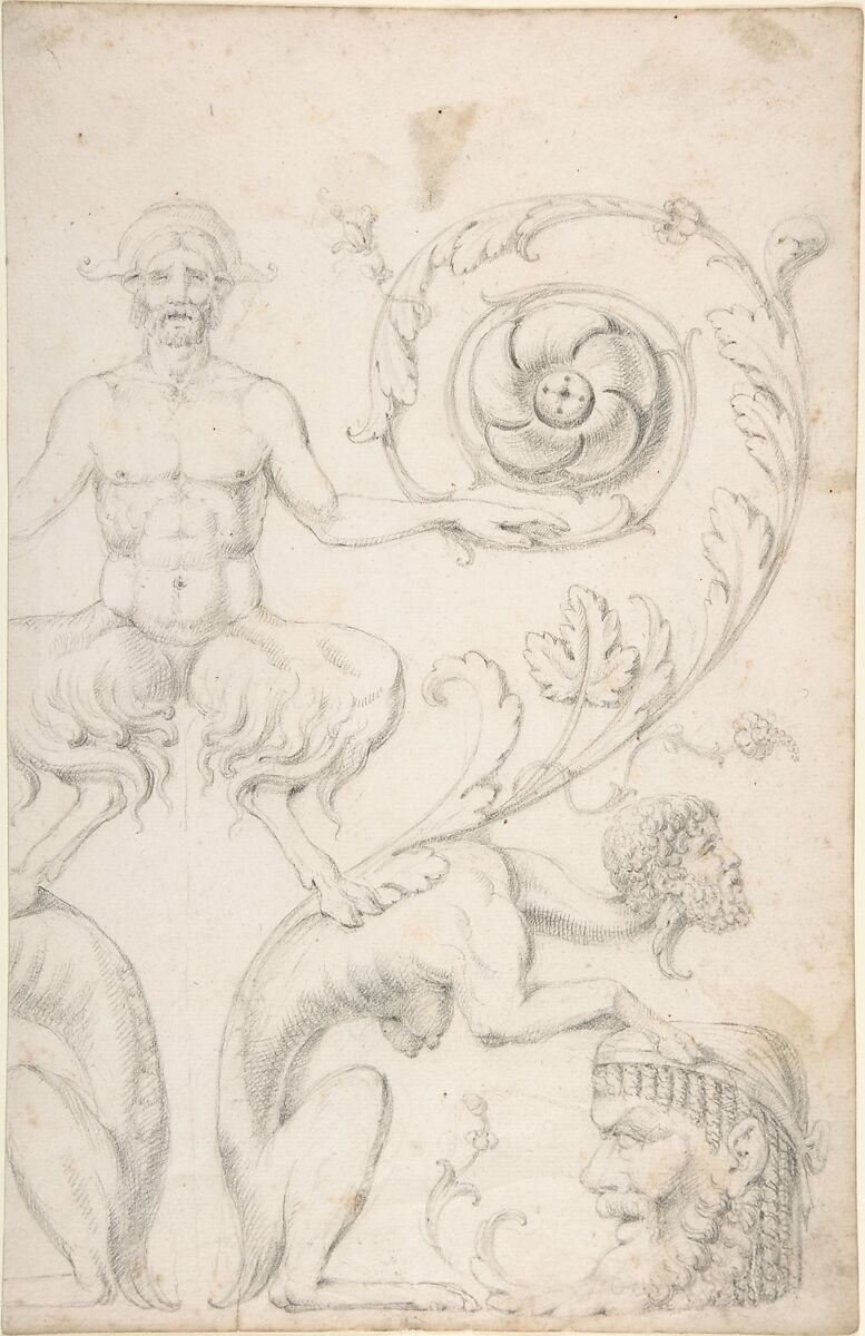 Drawing of a Grotesque after a 16th-century Decorative Relief, Filippo Cretoni (Italian, late 18th–early 19th century), Black chalk or graphite