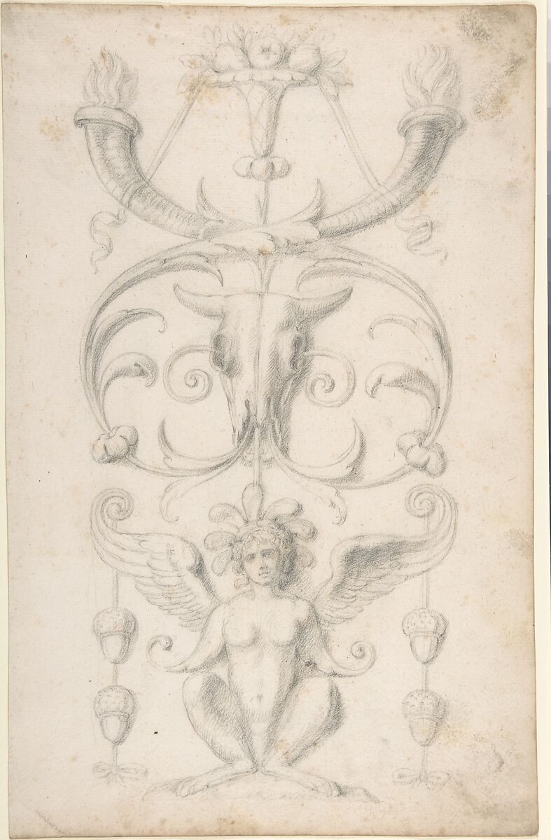 Drawing of a Grotesque after a 16th-century Decorative Relief, Filippo Cretoni (Italian, late 18th–early 19th century), Black chalk or graphite