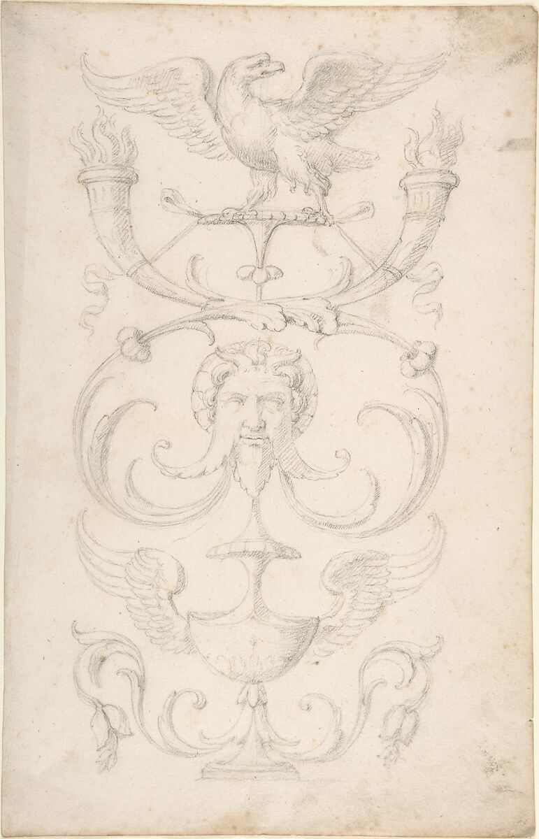 Drawing of a Grotesque after a 16th-century Decorative Relief, Filippo Cretoni (Italian, late 18th–early 19th century), Black chalk or graphite