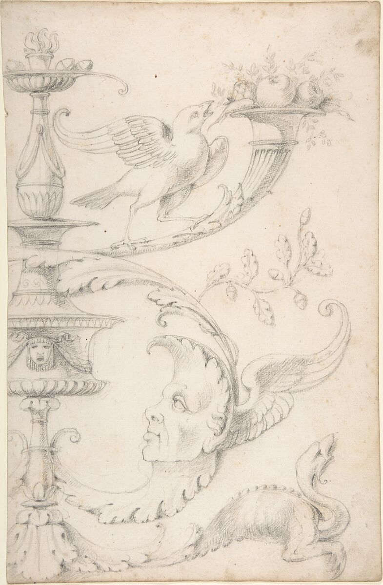 Drawing of a Grotesque after a 16th-century Decorative Relief, Filippo Cretoni (Italian, late 18th–early 19th century), Black chalk or graphite