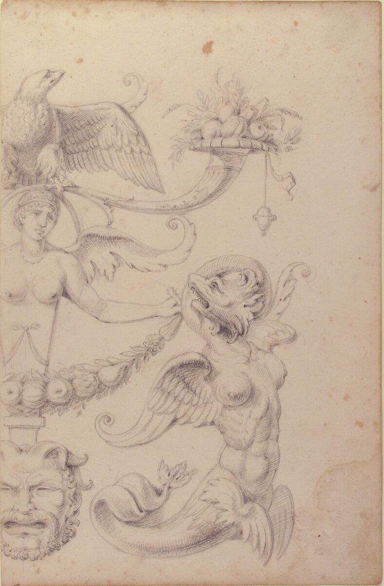 Drawing of a Grotesque after a 16th-century Decorative Relief., Filippo Cretoni (Italian, late 18th–early 19th century), Black chalk or graphite 