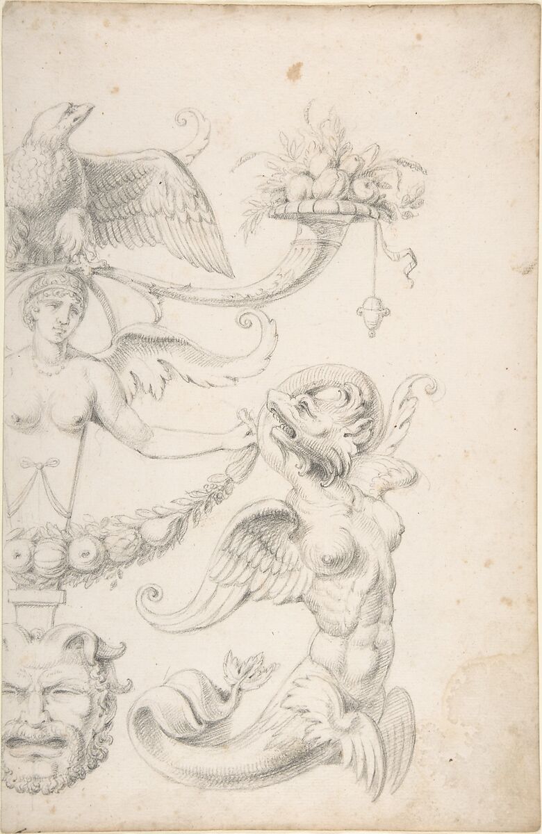 Drawing of a Grotesque after a 16th-century Decorative Relief, Filippo Cretoni (Italian, late 18th–early 19th century), Black chalk or graphite