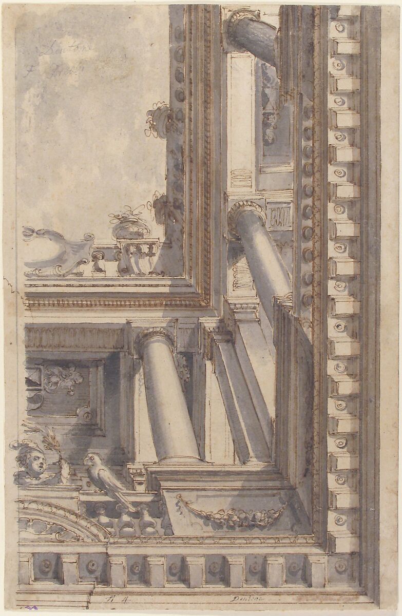 Design for a Trompe L'Oeil Ceiling with a Loggia, Faustino Trebbi (Italian, Budrio [Bologna] 1761–1836 Bologna), Pen and ink and wash