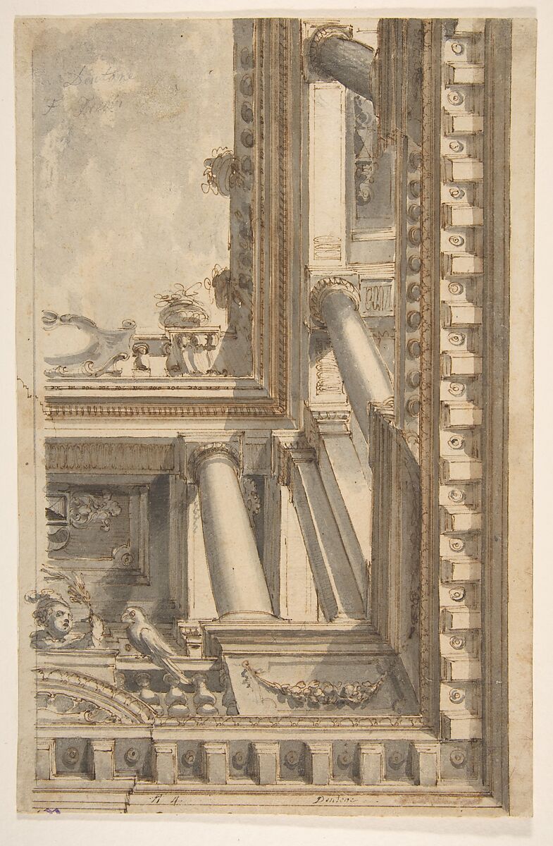 Design for a Trompe L'Oeil Ceiling with a Loggia, Faustino Trebbi (Italian, Budrio [Bologna] 1761–1836 Bologna), Pen and ink and wash 