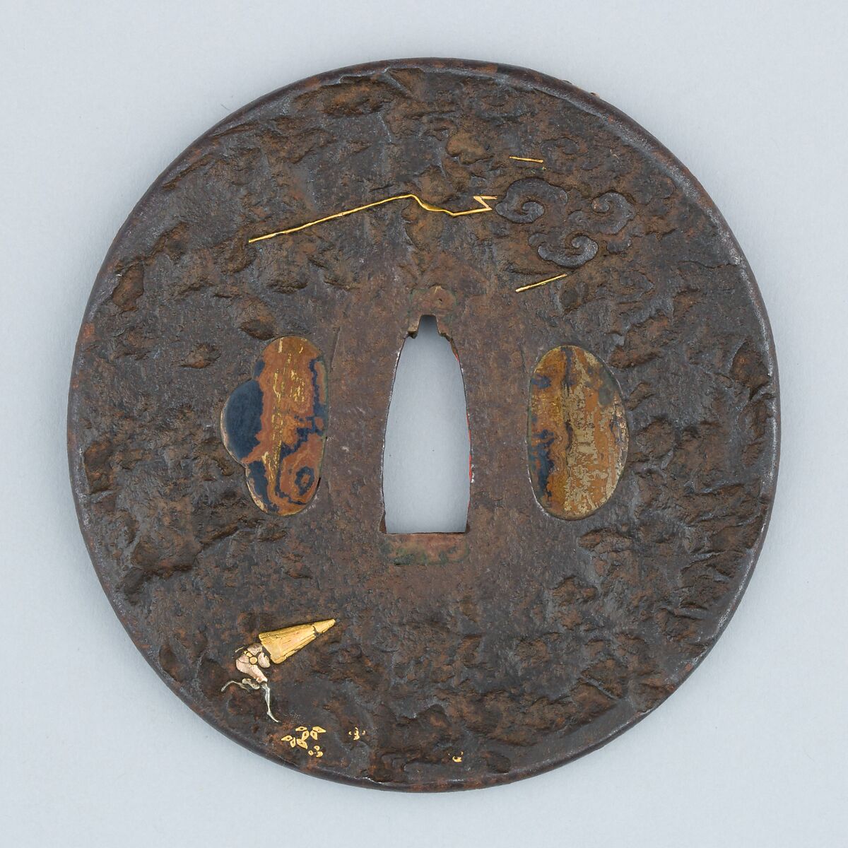 Sword Guard (Tsuba), Iron, gold, copper, copper-gold alloy (shakudō), Japanese