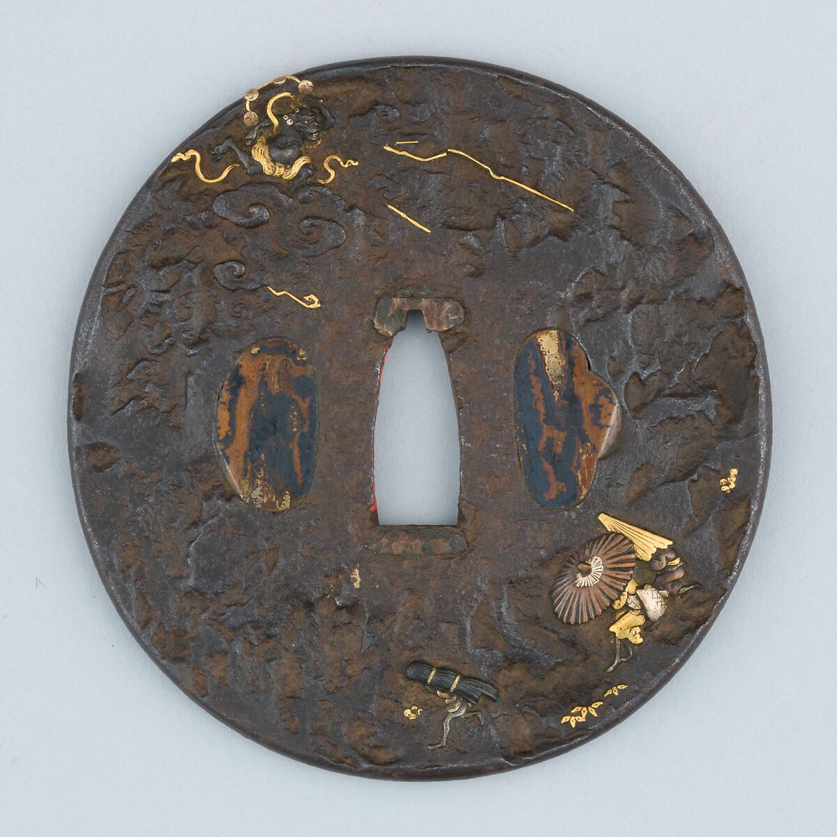 Sword Guard (Tsuba), Iron, gold, copper, copper-gold alloy (shakudō), Japanese 