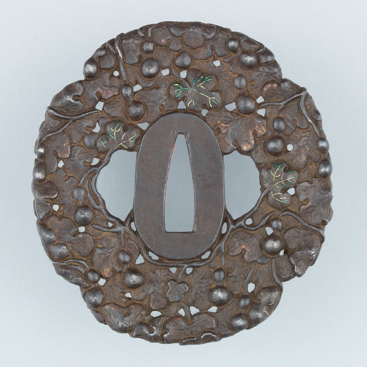 Sword Guard (Tsuba), Iron, gold, enamel, copper, Japanese 