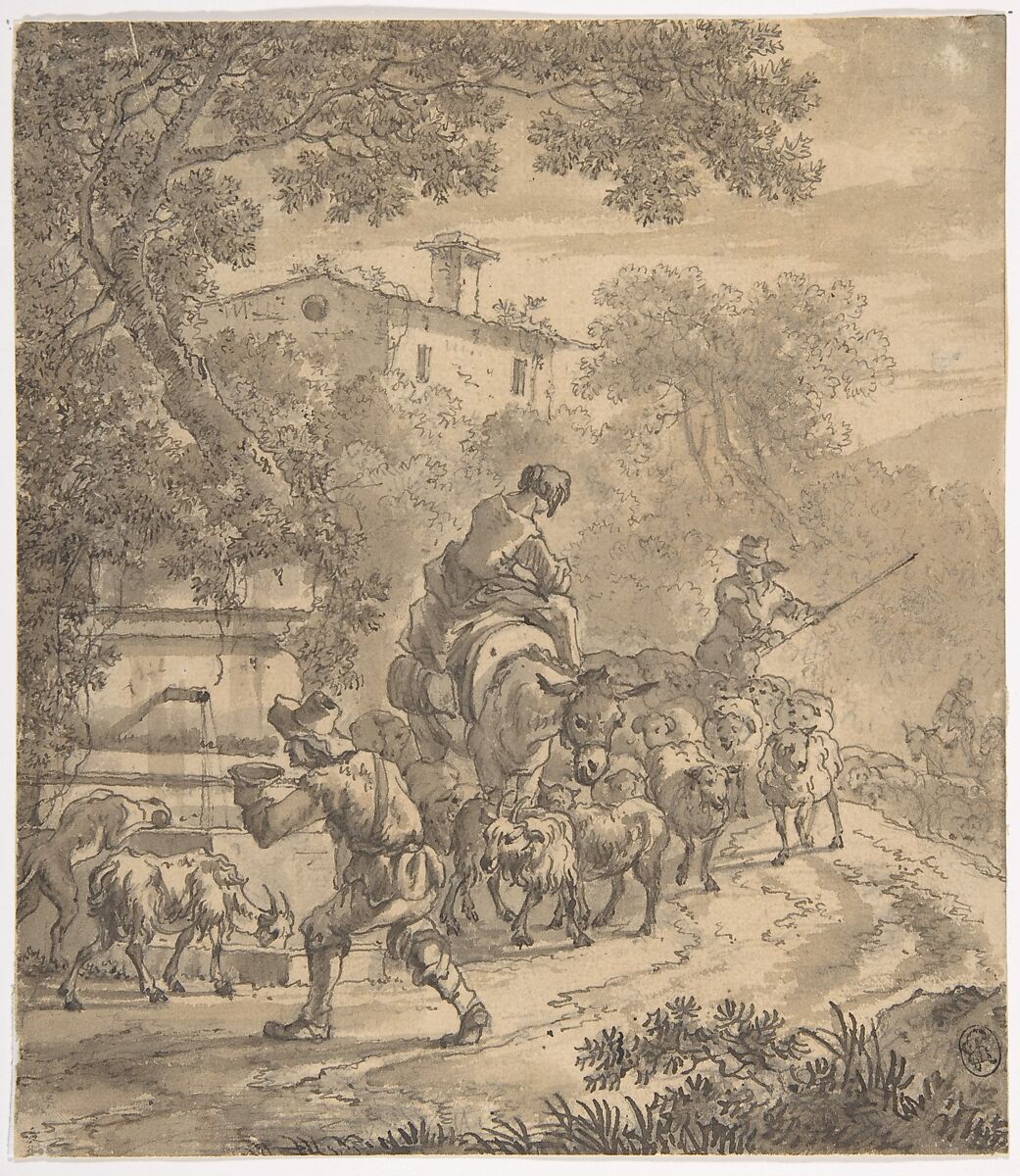 Landscape with Shepherds and their Flock, Adriaen van der Cabel (Dutch, Rijswijk 1631–1705 Lyon), pen and brown ink and brown wash over graphite 