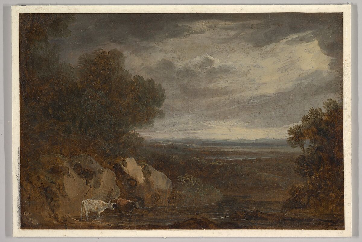 A wooded river landscape with cattle, Benjamin Barker, the younger (British, Pontypool, Wales 1776–1838 Totnes, Devon), Oil on paper mounted on card 