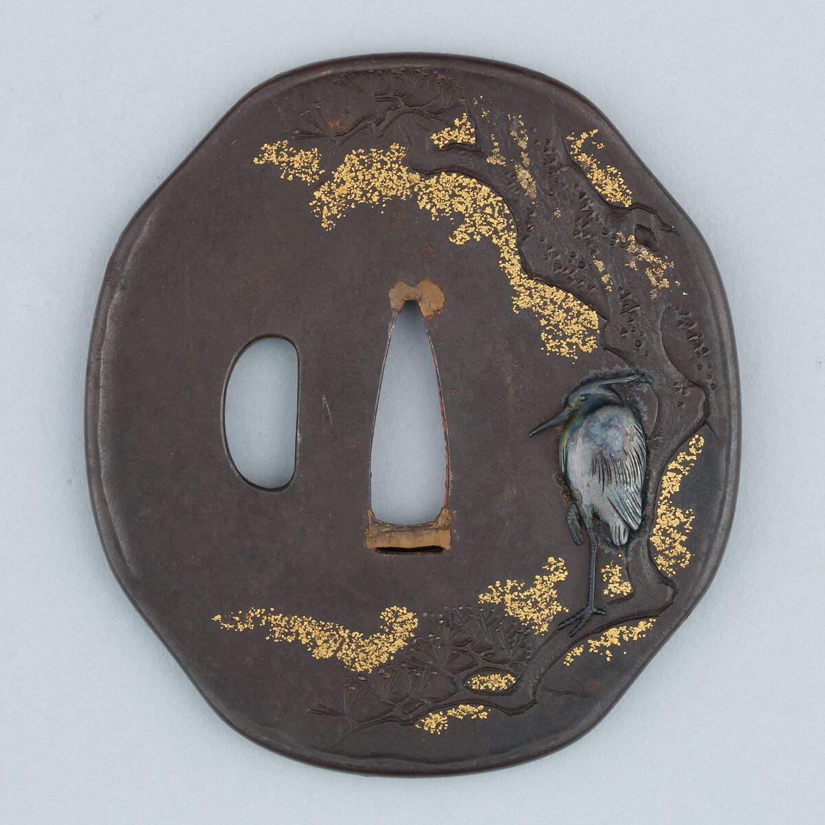 Sword Guard (Tsuba), Iron, copper-gold alloy (shakudō), silver, gold, copper, Japanese 