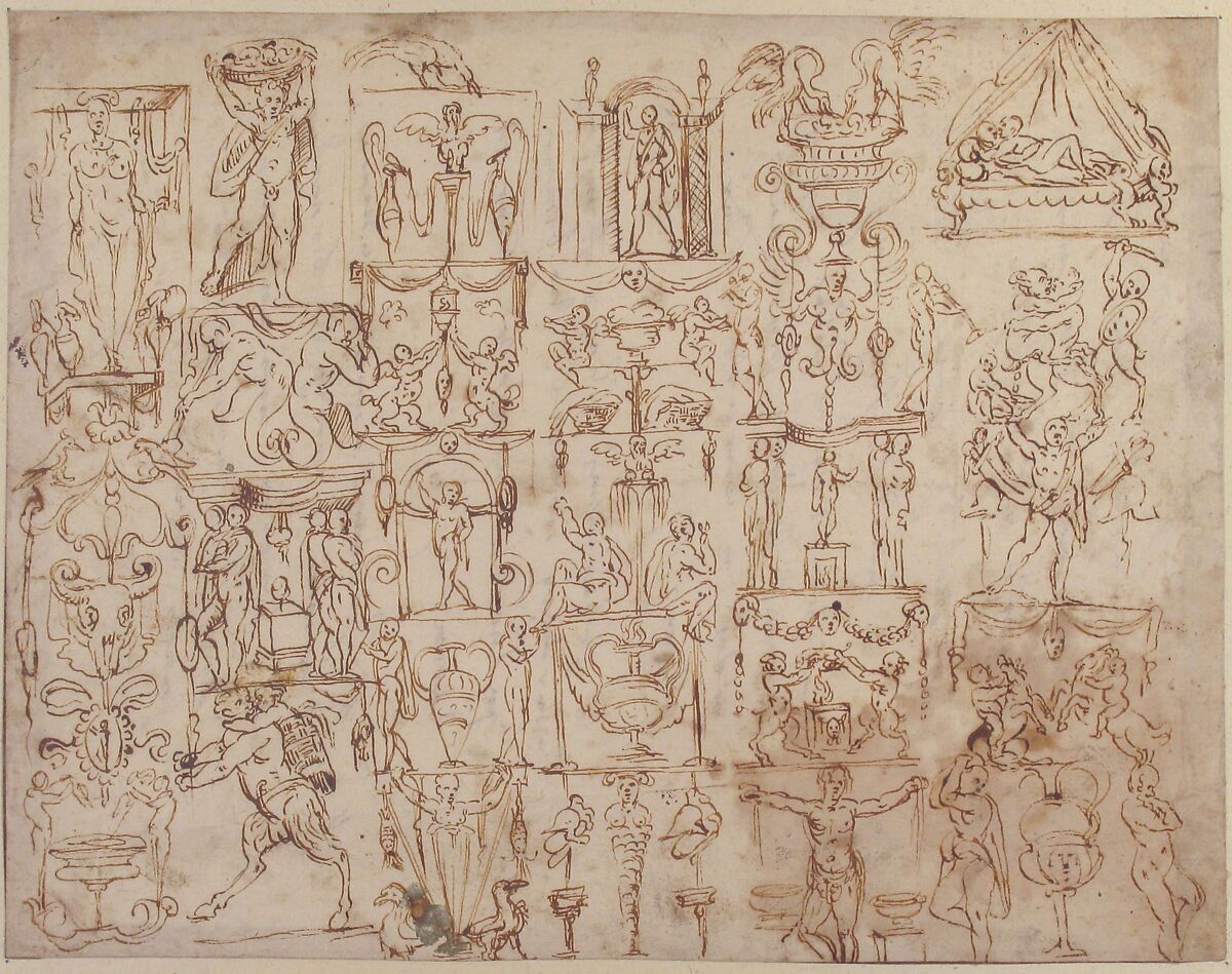Sketches of Grotesques, Giovanni Antonio Dosio (Italian, Florence/S. Gimignano 1533–1609 Rome/Naples), Pen and brown ink