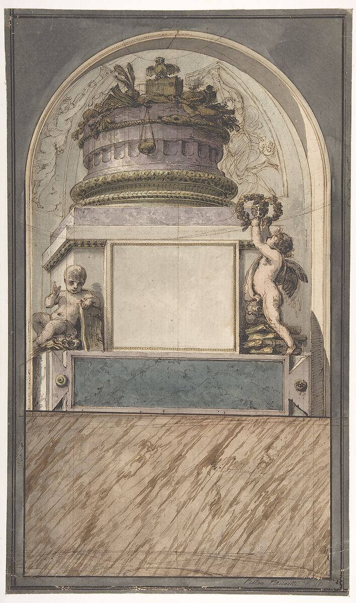 Design for a Monument, Pietro Fancelli (Italian, Bologna, 1764–1850), Pen, brown ink with brown, blue-green, purple and yellowish washes 