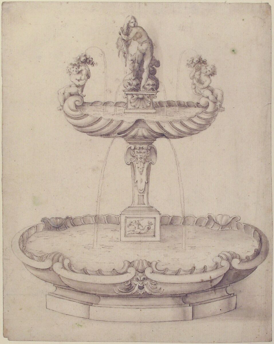 Design for a Fountain with Two Basins One on Top of the Other and Statues of Venus and Putti on the Top., Francesco Fanelli (Italian, born Florence 1577, active Genoa (1605–30) and England (1632–39)), Pen and black and brown ink, brush and gray wash over traces of graphite, with vertical line in graphite through the center to create the symmetry of the design