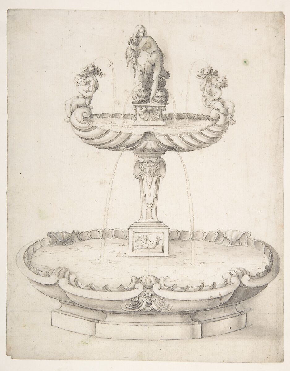Design for a Fountain with Two Basins One on Top of the Other and Statues of Venus and Putti on the Top., Francesco Fanelli (Italian, born Florence 1577, active Genoa (1605–30) and England (1632–39)), Pen and black and brown ink, brush and gray wash over traces of graphite, with vertical line in graphite through the center to create the symmetry of the design 