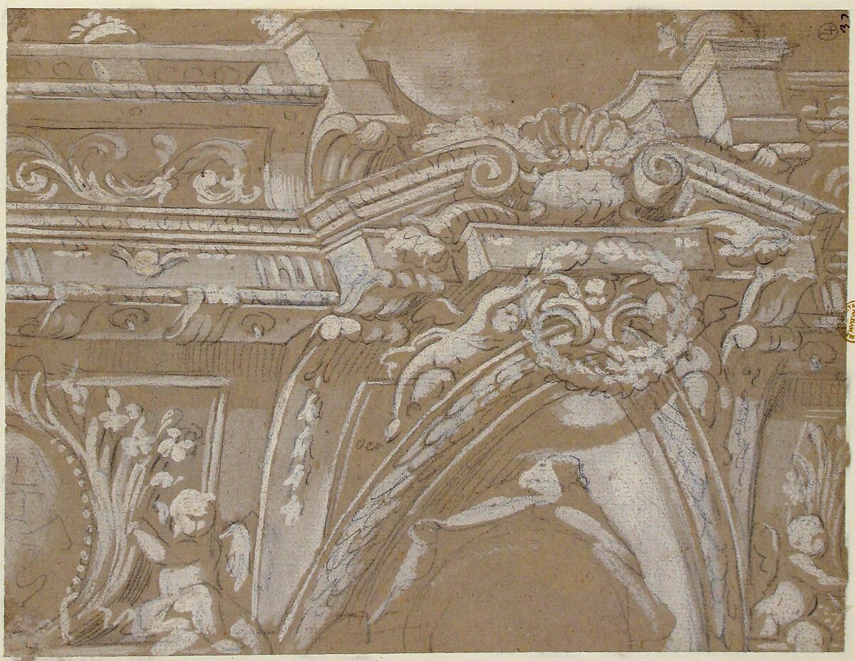 Ornamental Design for a Wall Monument Surmounted by a Balustrade with Human Figures, Angels Holding Garlands and Draperies (recto and verso), Gregorio de' Ferrari (Italian, Porto Maurizio 1647–1726 Genoa), Brush and white gouache over black chalk on gray prepared paper (recto and verso)