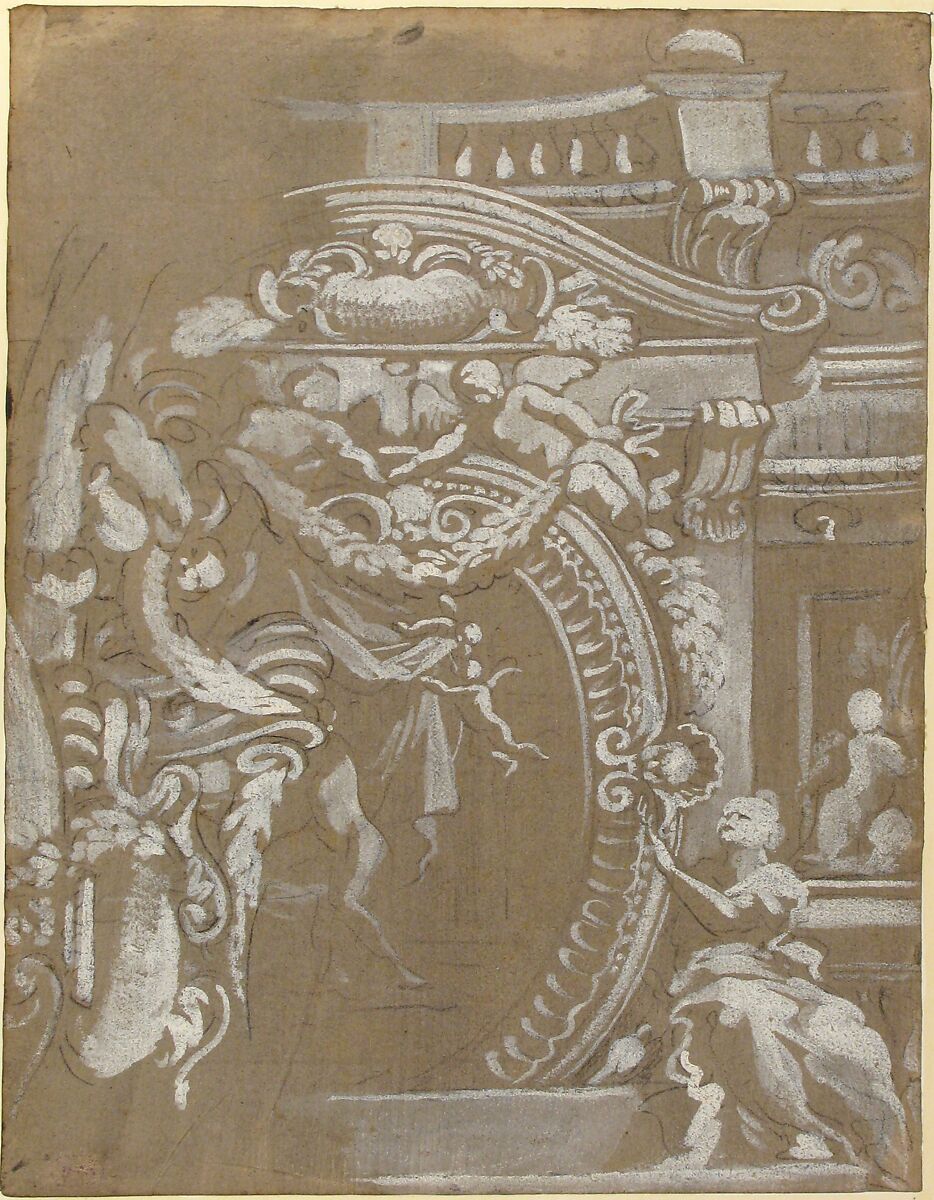 Ornamental Design for a Wall Monument Surmounted by a Balustrade with Human Figures, Angels Holding Garlands and Draperies (recto and verso), Gregorio de' Ferrari (Italian, Porto Maurizio 1647–1726 Genoa), Brush and white gouache over black chalk on gray prepared paper (recto and verso)