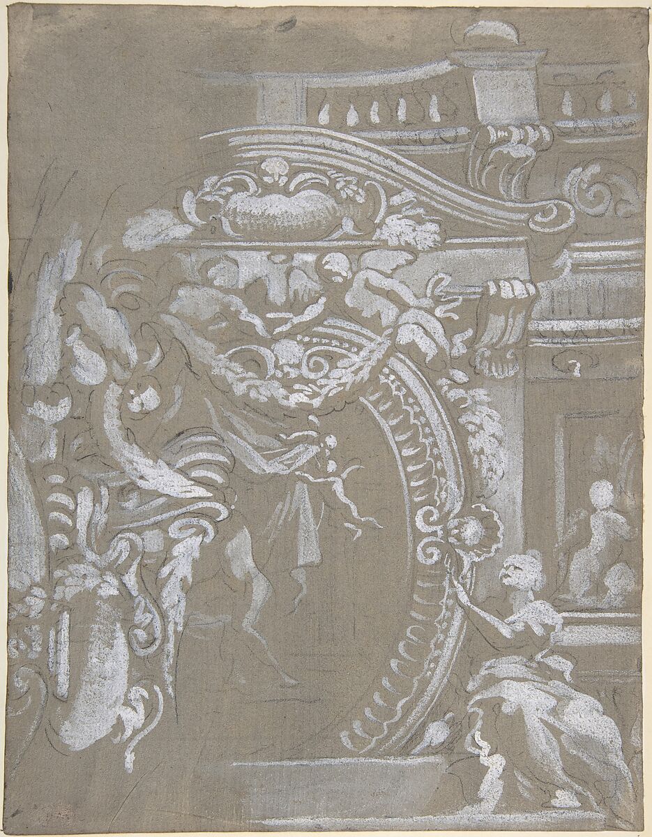 Ornamental Design for a Wall Monument Surmounted by a Balustrade with Human Figures, Angels Holding Garlands and Draperies (recto and verso)., Gregorio de&#39; Ferrari (Italian, Porto Maurizio 1647–1726 Genoa), Brush and white gouache over black chalk on gray prepared paper (recto and verso) 