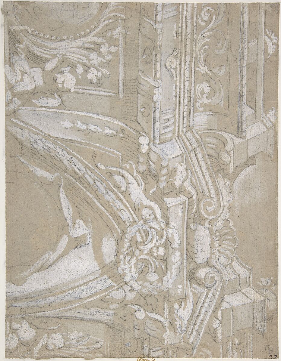 Ornamental Design for a Wall Monument Surmounted by a Balustrade with Human Figures, Angels Holding Garlands and Draperies (recto and verso), Gregorio de' Ferrari (Italian, Porto Maurizio 1647–1726 Genoa), Brush and white gouache over black chalk on gray prepared paper (recto and verso)