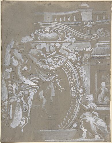 Ornamental Design for a Wall Monument Surmounted by a Balustrade with Human Figures, Angels Holding Garlands and Draperies (recto and verso).