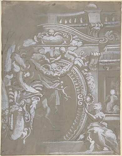 Ornamental Design for a Wall Monument Surmounted by a Balustrade with Human Figures, Angels Holding Garlands and Draperies (recto and verso)