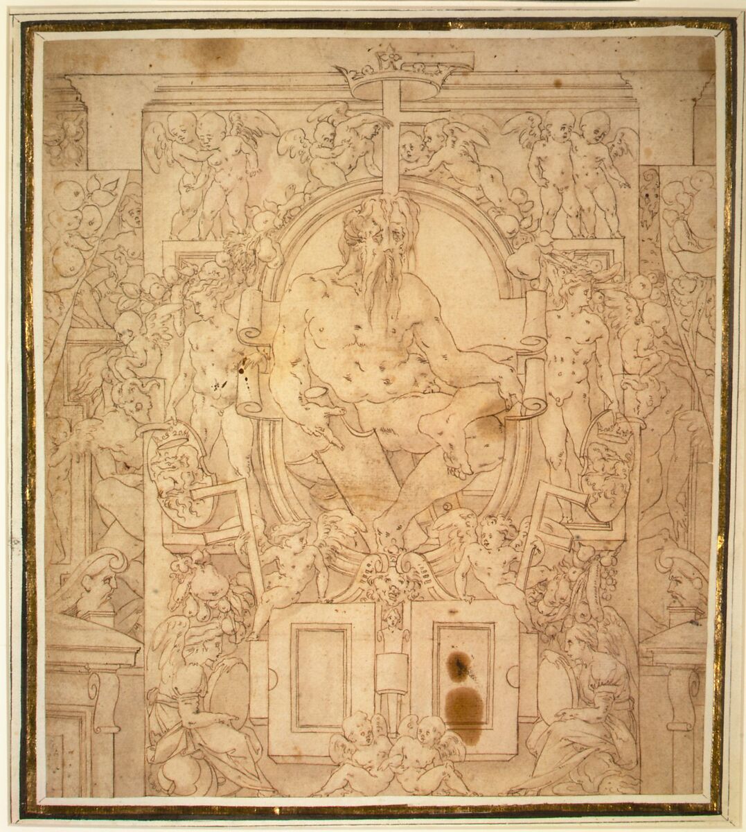 Design for a Wall Decoration with a River God and Putti carrying the Symbols of King François I, Anonymous, French, School of Fontainebleau, 16th century, Pen and brown ink, brush and brown wash, over red chalk