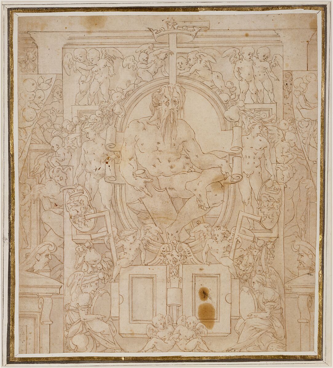 Design for a Wall Decoration with a River God and Putti carrying the Symbols of King François I, Anonymous, French, School of Fontainebleau, 16th century, Pen and brown ink, brush and brown wash, over red chalk