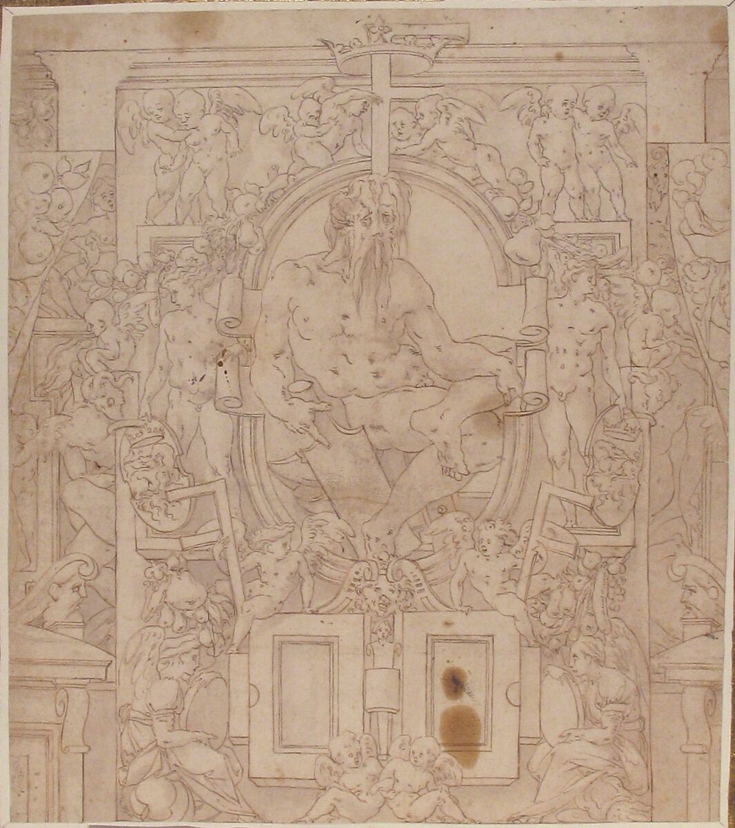 Design for a Wall Decoration with a River God and Putti carrying the Symbols of King François I, Anonymous, French, School of Fontainebleau, 16th century, Pen and brown ink, brush and brown wash, over red chalk