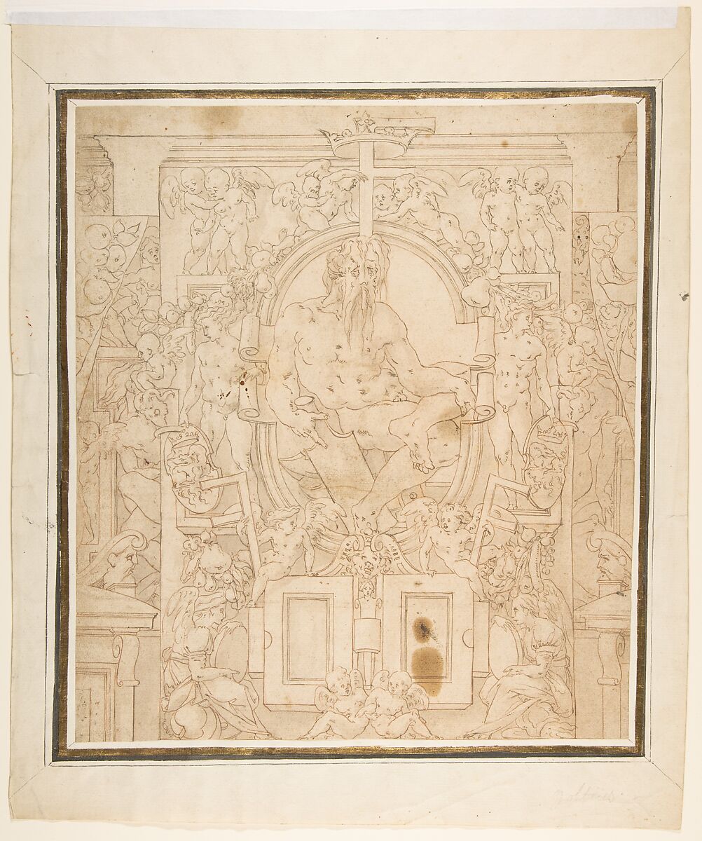 Design for a Wall Decoration with a River God and Putti carrying the Symbols of King François I, Anonymous, French, School of Fontainebleau, 16th century, Pen and brown ink, brush and brown wash over red chalk underdrawing 