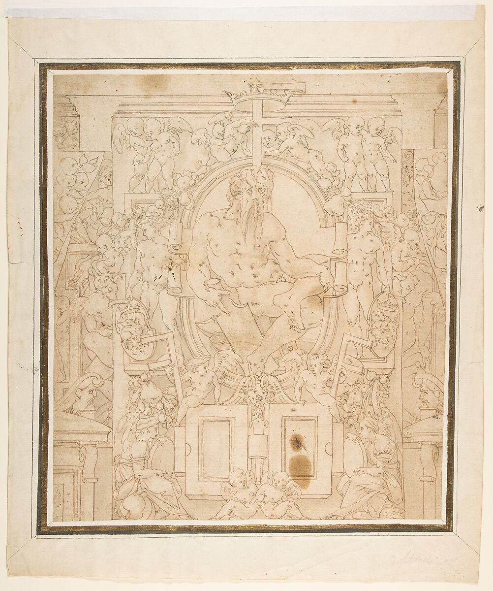 Design for a Wall Decoration with a River God and Putti carrying the Symbols of King François I