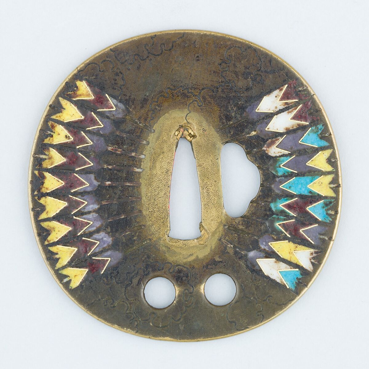 Sword Guard (Tsuba), Brass, enamel, copper, Japanese